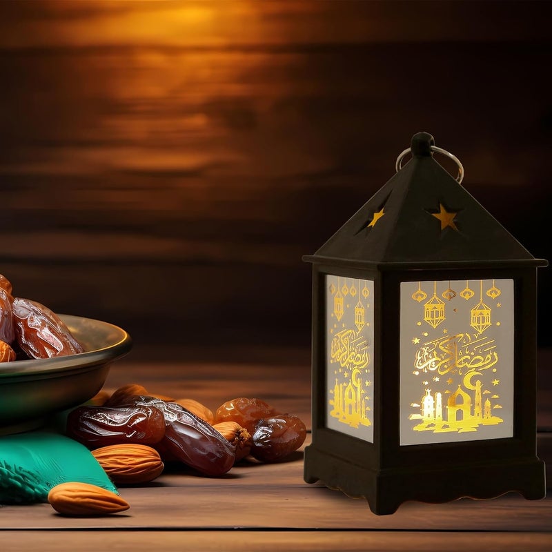 Glodecart 2 قطعة فوانيس رمضان سوداء، نمط قلعة صغيرة، إضاءة LED، بطارية مشمولة، للطاولة أو التعليق، ديكورات رمضان للمنزل والهواء الطلق، مقاس 5 × 2 × 2 بوصة، وزن 0.15 كجم. - Image 3