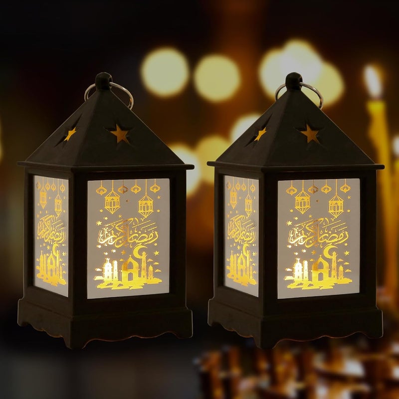 Glodecart 2 قطعة فوانيس رمضان سوداء، نمط قلعة صغيرة، إضاءة LED، بطارية مشمولة، للطاولة أو التعليق، ديكورات رمضان للمنزل والهواء الطلق، مقاس 5 × 2 × 2 بوصة، وزن 0.15 كجم. - Image 1