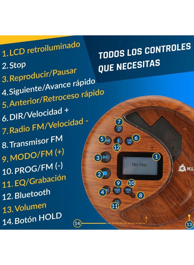 KLIM Discover Wood + Portable CD Player + New + Discman with Long Battery Life and Headphones + Portable FM Radio Compatible with MP3, SD Card, Bluetooth + Ideal for Cars - Image 5