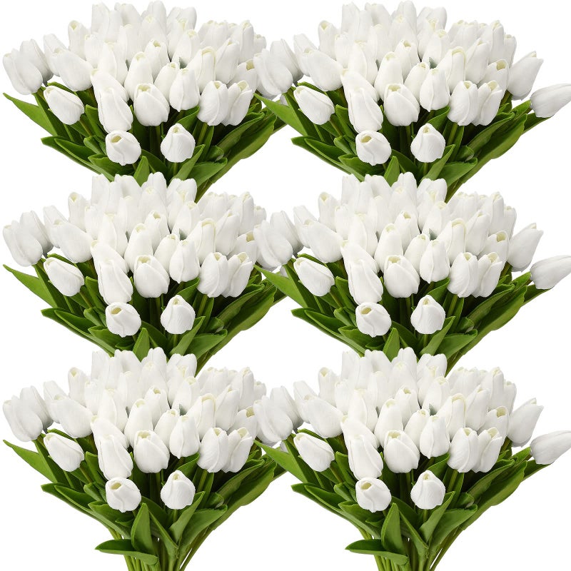 Janinka 100pcs Artificial Tulip Flowers Fake PU Tulips Faux Latex Bouquet Flower Centerpieces Arrangement Floral for Wedding Spring Decorations 1 HeadWhite - Image 2