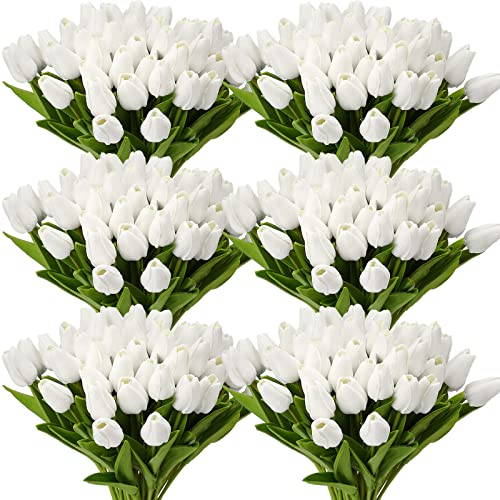 Janinka 100pcs Artificial Tulip Flowers Fake PU Tulips Faux Latex Bouquet Flower Centerpieces Arrangement Floral for Wedding Spring Decorations 1 HeadWhite - Image 1