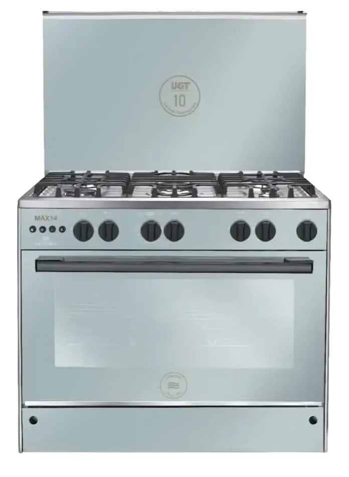 UNIONAIRE 5-burner gas cooker, Unionaire Max 14, full safety features, 60/90 cm size, cast iron grates, digital timer, 2 knobs for oven and grill, stainless steel - Image 1