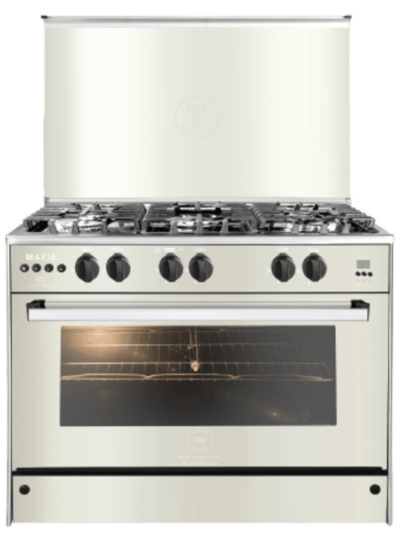Unionaire Max 14 5-burner gas cooker, 60/90 cm, full safety features, cast iron grates, digital timer, 2 oven and grill knobs, stainless steel - Image 1