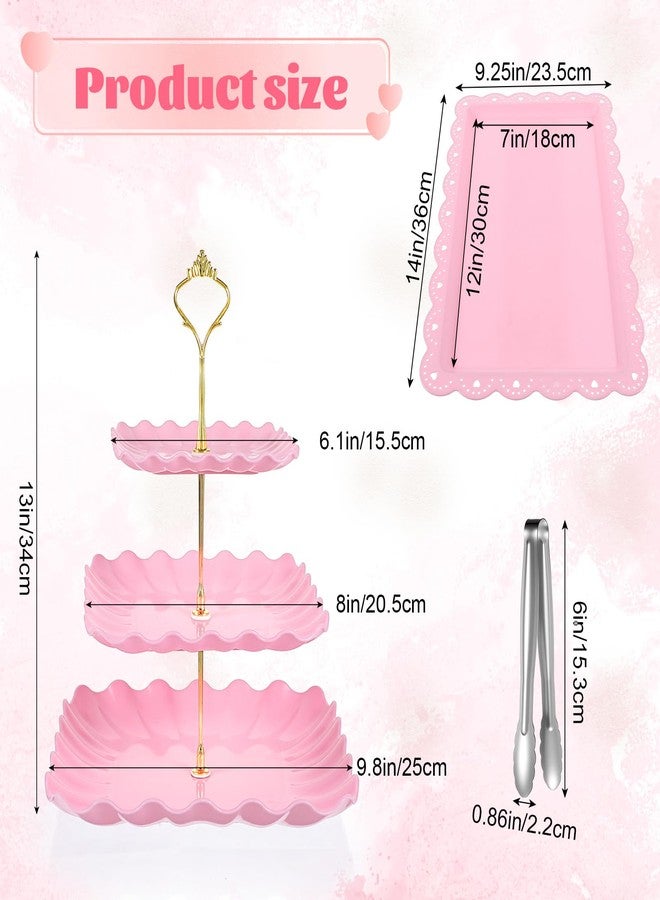 mekueeex 8 Pcs Cupcake Stand Set - Pink Plastic Dessert Table Display Set, 2 Pcs 3 Tier Cupcake Stands with Gold Rod Cookie Tray Rack Dessert Trays and Cooking Tongs Serving Tower for Tea Party - Image 2