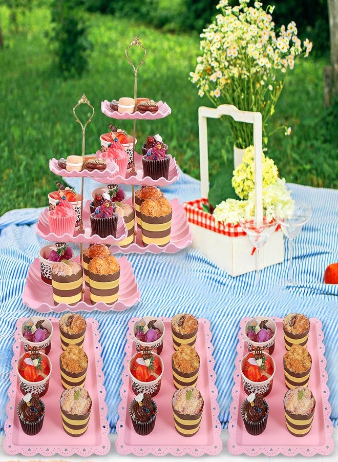 mekueeex 8 Pcs Cupcake Stand Set - Pink Plastic Dessert Table Display Set, 2 Pcs 3 Tier Cupcake Stands with Gold Rod Cookie Tray Rack Dessert Trays and Cooking Tongs Serving Tower for Tea Party - Image 5