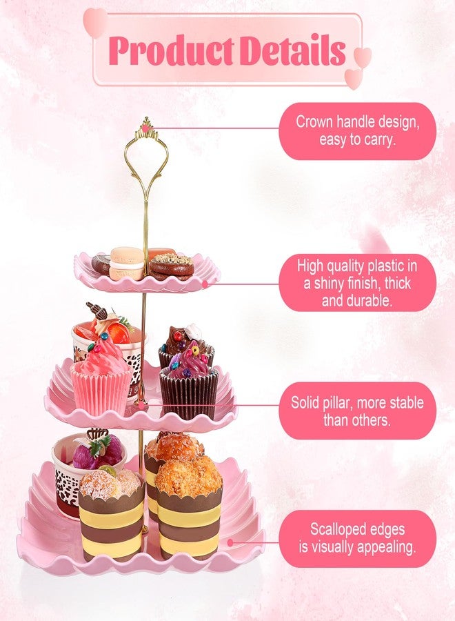 mekueeex 8 Pcs Cupcake Stand Set - Pink Plastic Dessert Table Display Set, 2 Pcs 3 Tier Cupcake Stands with Gold Rod Cookie Tray Rack Dessert Trays and Cooking Tongs Serving Tower for Tea Party - Image 3