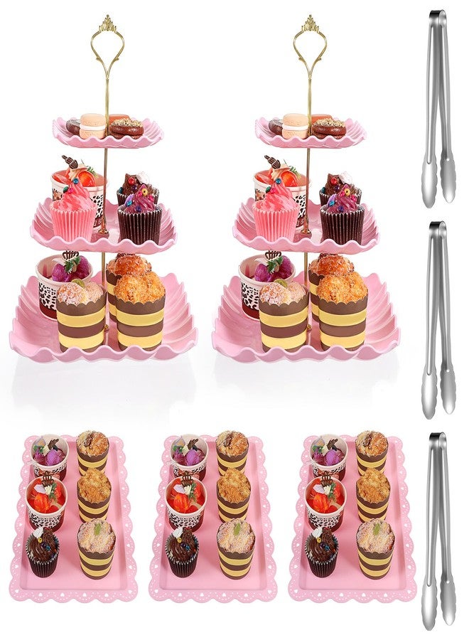 mekueeex 8 Pcs Cupcake Stand Set - Pink Plastic Dessert Table Display Set, 2 Pcs 3 Tier Cupcake Stands with Gold Rod Cookie Tray Rack Dessert Trays and Cooking Tongs Serving Tower for Tea Party - Image 1