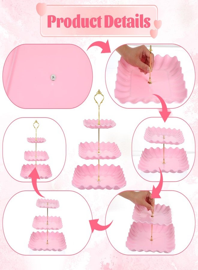 mekueeex 8 Pcs Cupcake Stand Set - Pink Plastic Dessert Table Display Set, 2 Pcs 3 Tier Cupcake Stands with Gold Rod Cookie Tray Rack Dessert Trays and Cooking Tongs Serving Tower for Tea Party - Image 4