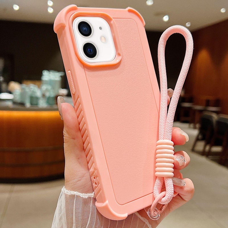 erorex For iPhone 12 / 12 Pro Solid Color TPU Hybrid PC Shockproof Phone Case with Wrist Strap(Pink) - Image 1