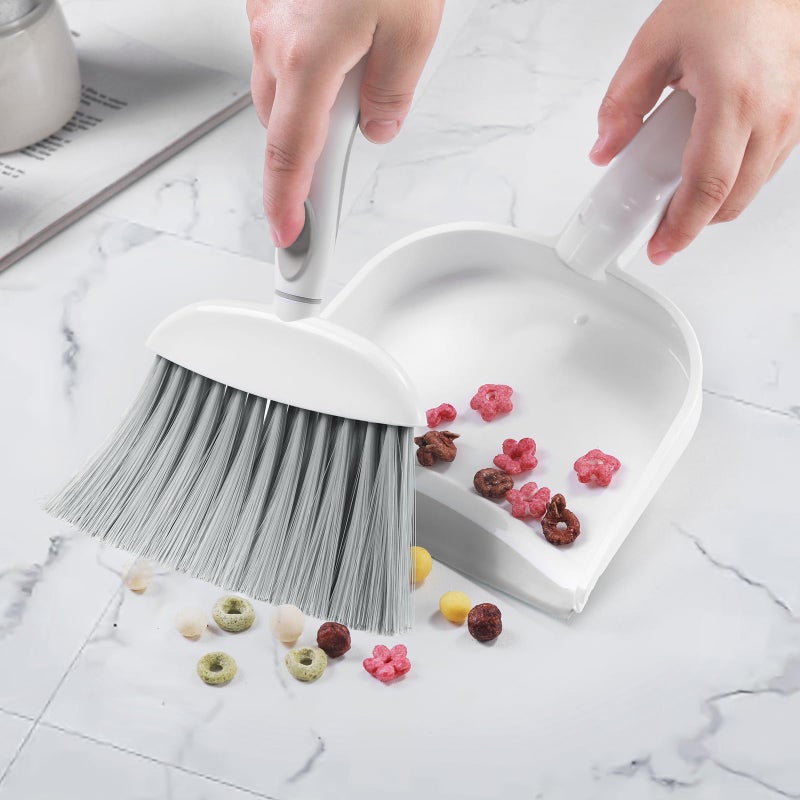 NACENA Small Dust Pan and Brush Set, Mini Broom and Dustpan Set Small Hand Broom and Brush Combo Dust Pan with Teeth for Home Cleaning Drawers Desktop Sofas and Outdoor, White & Gray - Image 4