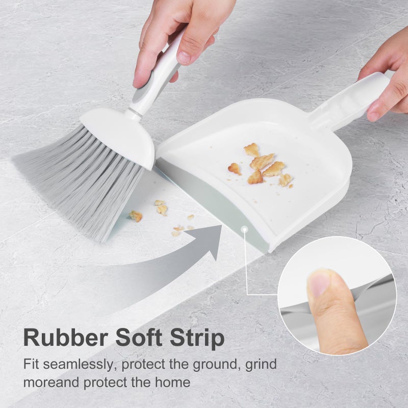 NACENA Small Dust Pan and Brush Set, Mini Broom and Dustpan Set Small Hand Broom and Brush Combo Dust Pan with Teeth for Home Cleaning Drawers Desktop Sofas and Outdoor, White & Gray - Image 3