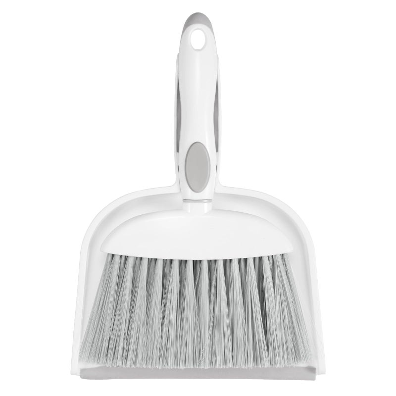 NACENA Small Dust Pan and Brush Set, Mini Broom and Dustpan Set Small Hand Broom and Brush Combo Dust Pan with Teeth for Home Cleaning Drawers Desktop Sofas and Outdoor, White & Gray - Image 1