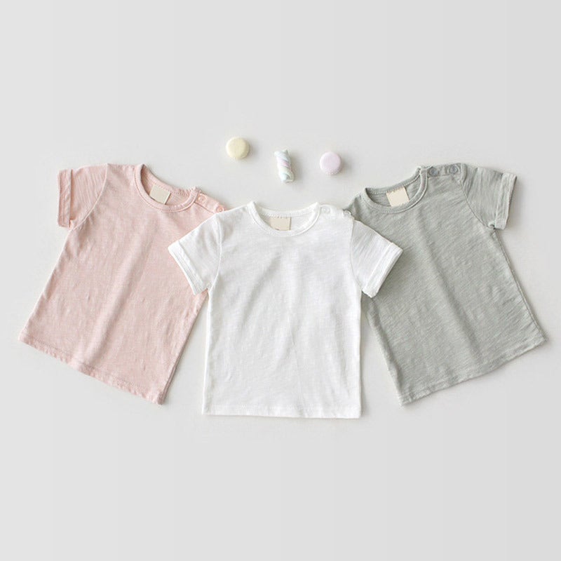 INS summer pure color soft breathable T-shirt for boys and girls short sleeve pullover top for young children bottoming shirt - Image 2