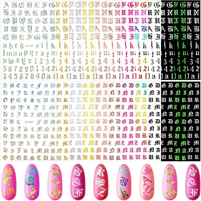 Maitys 24 Sheets Letters for Nails Old English Nail Stickers 3D Holographic Letter Self-Adhesive Gold Old English Alphabet Nail Decals for DIY Women(Chic Colors) - Image 1