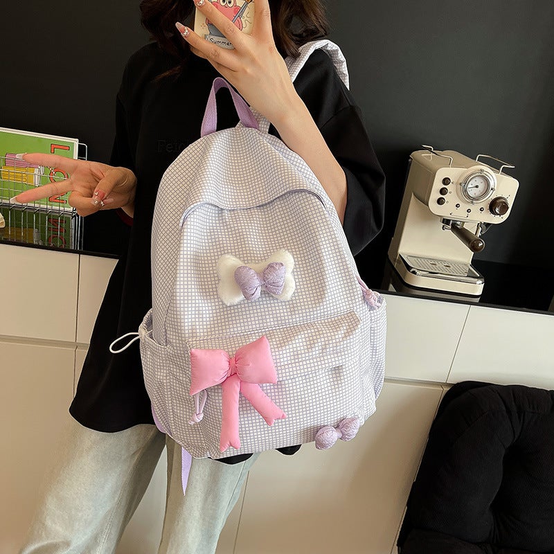 Girls Bow Backpack, Large School Bag, Checkered - Image 4