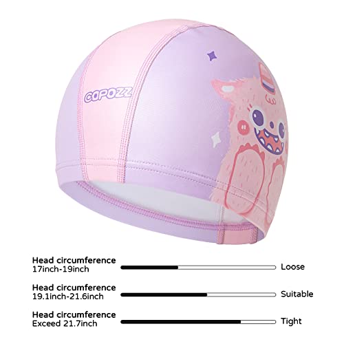 COPOZZ Swim Caps for Girls Boys, Quick Dry Fabric Kids Swimming Cap for Long and Short Hair, Spandex Swim Hats with High Elasticity for Age 5-12 Toddler Child Youth (Pink-Monster) - Image 2