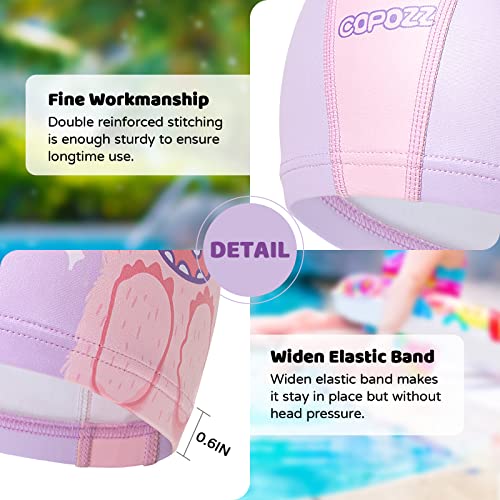 COPOZZ Swim Caps for Girls Boys, Quick Dry Fabric Kids Swimming Cap for Long and Short Hair, Spandex Swim Hats with High Elasticity for Age 5-12 Toddler Child Youth (Pink-Monster) - Image 5