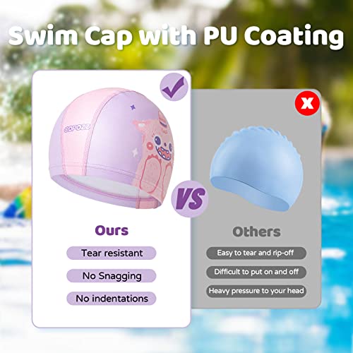 COPOZZ Swim Caps for Girls Boys, Quick Dry Fabric Kids Swimming Cap for Long and Short Hair, Spandex Swim Hats with High Elasticity for Age 5-12 Toddler Child Youth (Pink-Monster) - Image 4