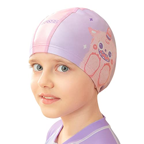 COPOZZ Swim Caps for Girls Boys, Quick Dry Fabric Kids Swimming Cap for Long and Short Hair, Spandex Swim Hats with High Elasticity for Age 5-12 Toddler Child Youth (Pink-Monster) - Image 1
