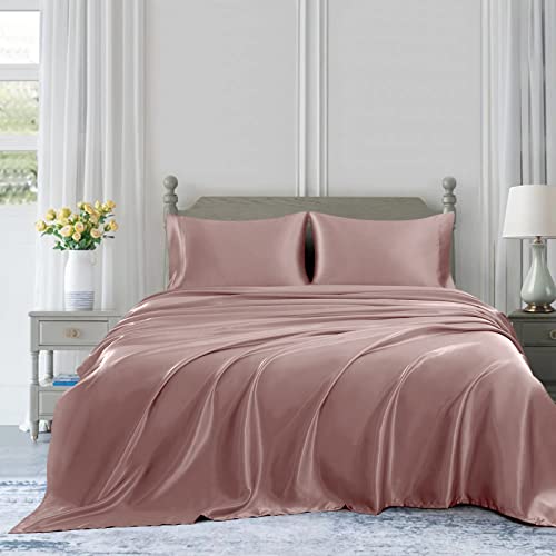 Homiest 4pcs Satin Sheets Set Luxury Silky Satin Bedding Set with Deep Pocket, 1 Fitted Sheet + 1 Flat Sheet + 2 Pillowcases (Queen Size, Rose Gold) - Image 3