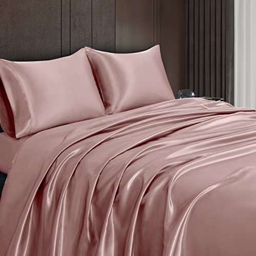 Homiest 4pcs Satin Sheets Set Luxury Silky Satin Bedding Set with Deep Pocket, 1 Fitted Sheet + 1 Flat Sheet + 2 Pillowcases (Queen Size, Rose Gold) - Image 4