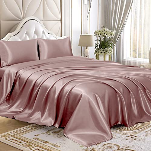 Homiest 4pcs Satin Sheets Set Luxury Silky Satin Bedding Set with Deep Pocket, 1 Fitted Sheet + 1 Flat Sheet + 2 Pillowcases (Queen Size, Rose Gold) - Image 1