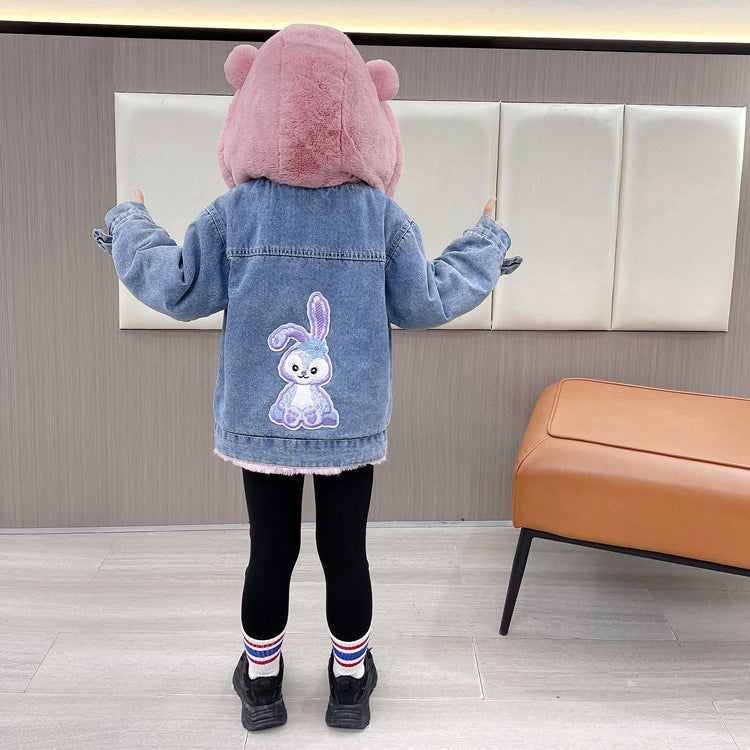Girls' Clothes Fleece-Lined Denim Jacket Children'S Winter Thickened Hooded Denim Jacket Large, Medium And Small Children'S Baby Jacket - Image 1