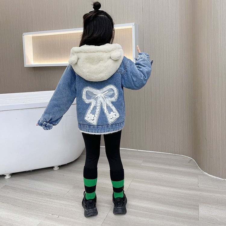 Girls' Clothes Fleece-Lined Denim Jacket Children'S Winter Thickened Hooded Denim Jacket Large, Medium And Small Children'S Baby Jacket - Image 5