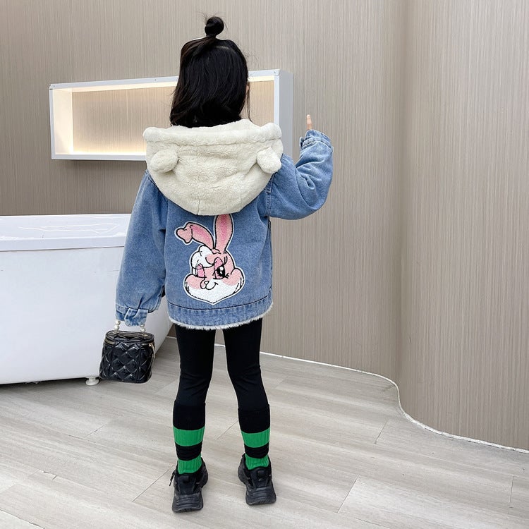 Girls' Clothes Fleece-Lined Denim Jacket Children'S Winter Thickened Hooded Denim Jacket Large, Medium And Small Children'S Baby Jacket - Image 3