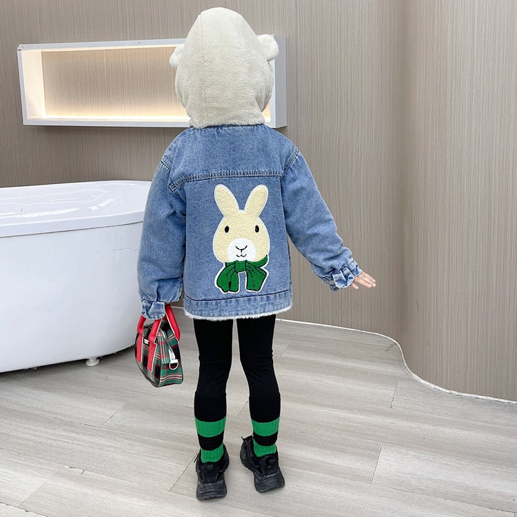 Girls' Clothes Fleece-Lined Denim Jacket Children'S Winter Thickened Hooded Denim Jacket Large, Medium And Small Children'S Baby Jacket - Image 4