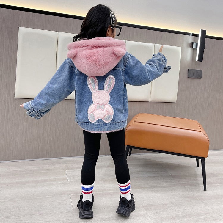 Girls' Clothes Fleece-Lined Denim Jacket Children'S Winter Thickened Hooded Denim Jacket Large, Medium And Small Children'S Baby Jacket - Image 2