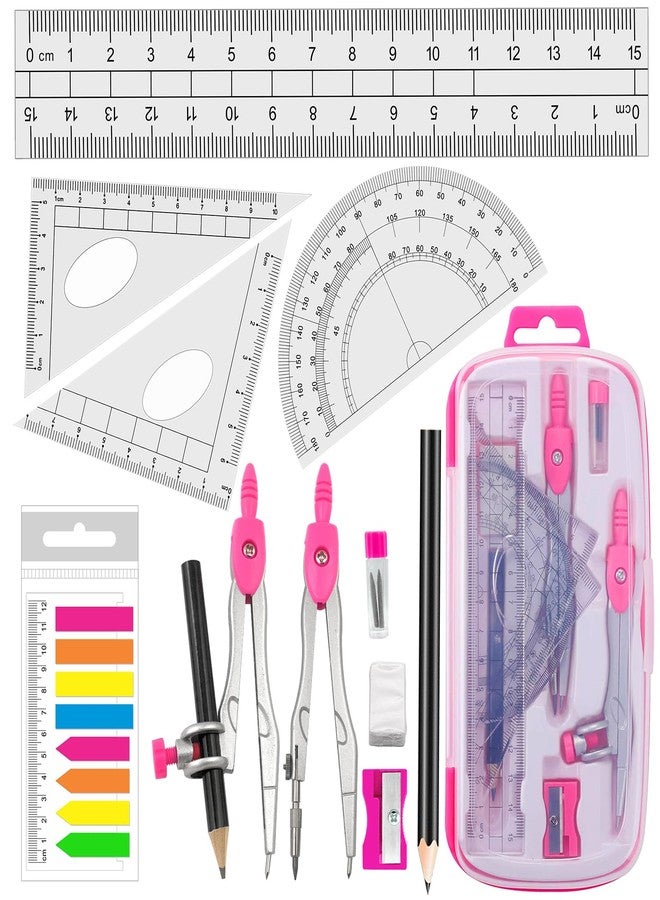 Akuoly Maths Compasses Full Starter Geometry Kit with 2 Drafting Compasses Protractor 2 Set Squares Ruler Pencil and More for Students Maths Study Homework etc. Pink - Image 1