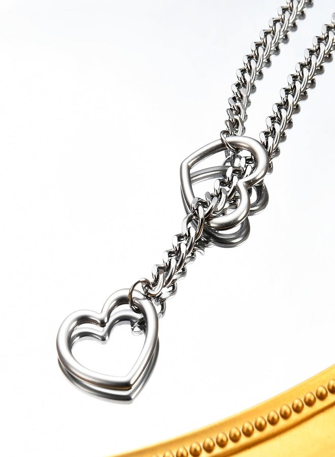 Qitian قلادة ي-شكل قابلة للتعديل من الفولاذ المقاوم للصدأ للرجال، قلادة كوبانية غوتيك، قلادة سلسلة حلقة قلب للنساء (24 بوصة، قلب الحب، فضي)، QT-24Y - Image 3