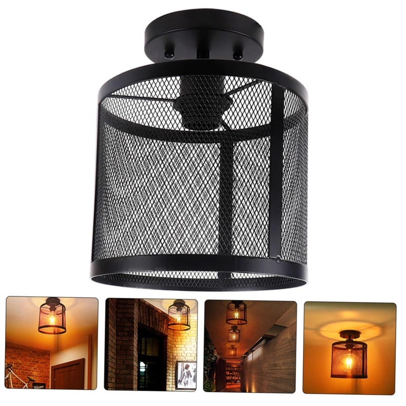 Rustic Industrial Flush Mount Ceiling Lamp With Mesh Cover For Entryway Kitchen Hallway Easy Installation - Image 4