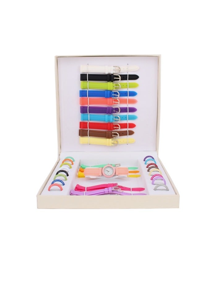 طقم ساعات نسائي ملون بسوار سليكون قابل للتعديل - Image 1