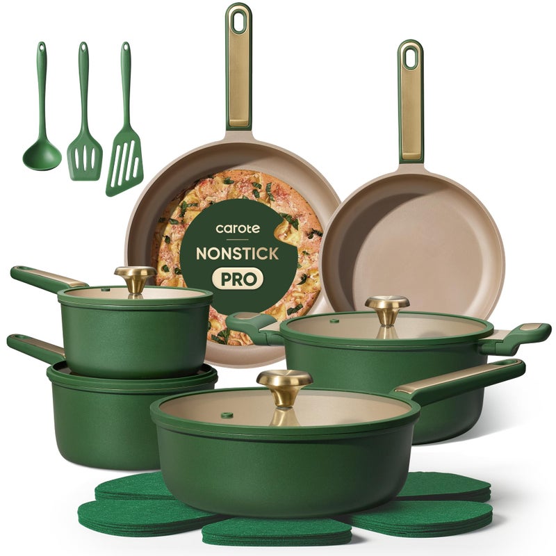 CAROTE Pots and Pans Set Non stick, 18pcs NonStick Kitchen Set Induction Cookware Non-toxic Cooking Set, Dishwasher/Oven Safe,Cookware Set,Green - Image 1
