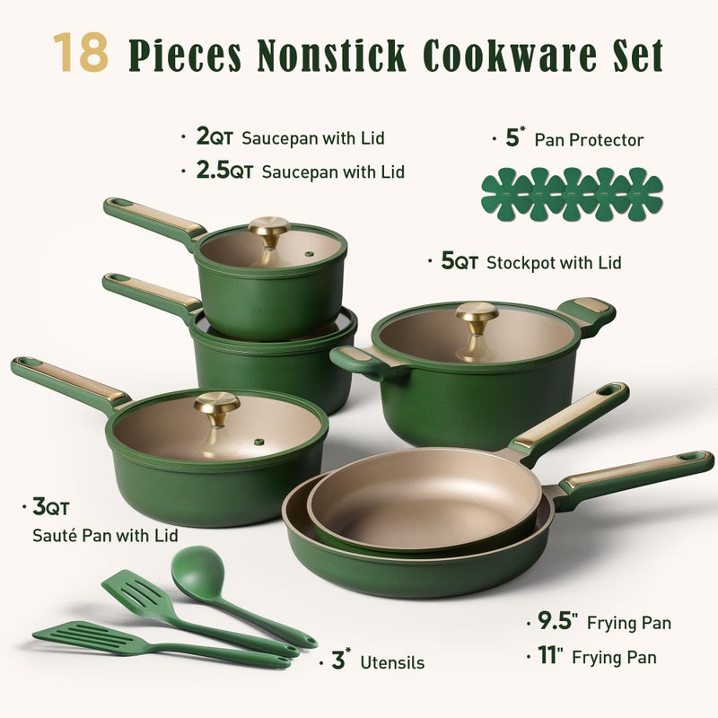 CAROTE Pots and Pans Set Non stick, 18pcs NonStick Kitchen Set Induction Cookware Non-toxic Cooking Set, Dishwasher/Oven Safe,Cookware Set,Green - Image 2