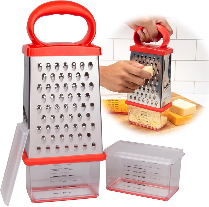Good Cooking Box Cheese Grater w 2 Attachable Storage Containers- 4-Sided Stainless Steel Slicer and Shredder- 2 Hoppers for Cheeses, Vegetables, Chocolate - Soft Grip Handle and Non-Slip Base - Image 1