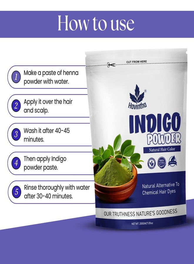Havintha Indigo & Henna Powder (Indigofera Tinctoria) For Hair | Herbal & Natural Hair Colorant Black/Brown Hair & Beard Dye/Color | Shiny, Smoothning, Hair Growth, Conditioning, Damaged Hair - 200gm - Image 3