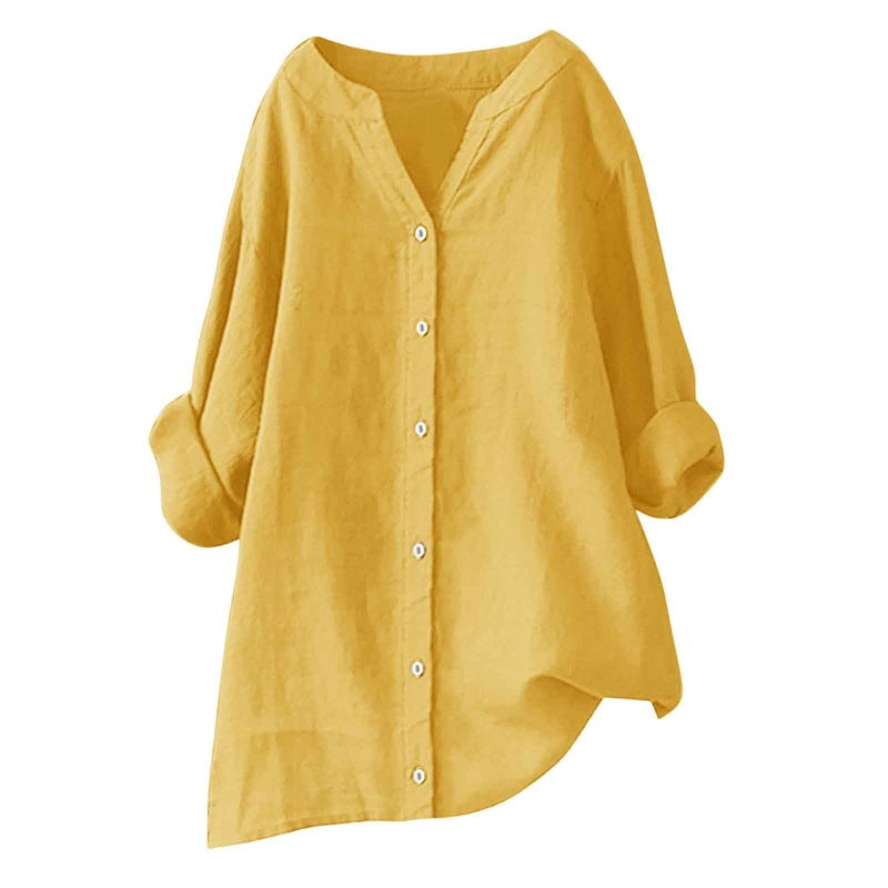 Women'S Cotton And Linen V Collar Long Sleeve Button Shirt Long Sleeve - Image 1