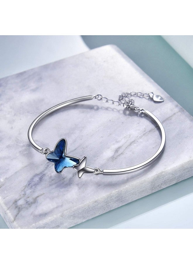 AOBOCO سوار Morpho Helena Butterfly Bangle من الفضة الإسترلينية مزين بكريستالات من النمسا، مضاد للحساسية، مجوهرات عيد الميلاد والذكرى السنوية، هدايا للنساء والزوجات والصديقات (أزرق) - Image 2