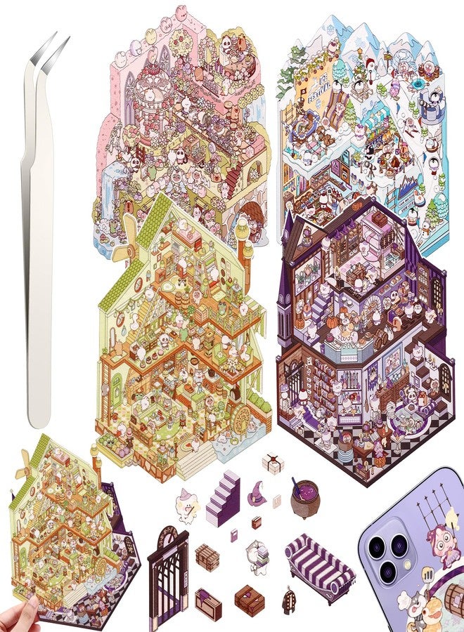 Draupnir DIY 3D House Stickers, 4 Set Fun DIY Stickers Scene Make Your Own Warm Home, Supermarket, Coffee Shop, Music Bar, Cute 3D Cartoon Scene Sticker for Adult Kids Relief Stress Pass The Time (XMPLUS2.0) - Image 1