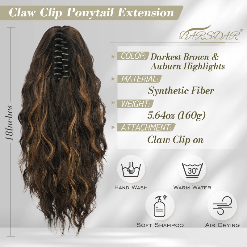 BARSDAR Highlight Ponytail Extension - 18 Inch Claw Clip Ponytail Extensions for Women - Curly Wavy Multi Layered Synthetic Clip in Pony Tail Hairpieces Daily - Dark Brown with Highlights - Image 2
