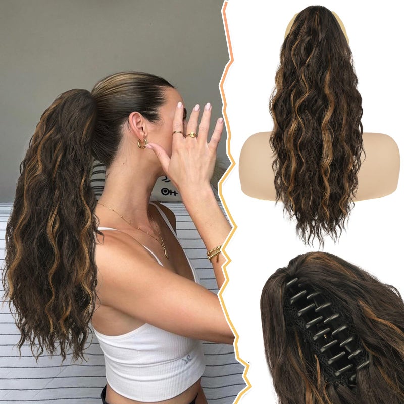 BARSDAR Highlight Ponytail Extension - 18 Inch Claw Clip Ponytail Extensions for Women - Curly Wavy Multi Layered Synthetic Clip in Pony Tail Hairpieces Daily - Dark Brown with Highlights - Image 1
