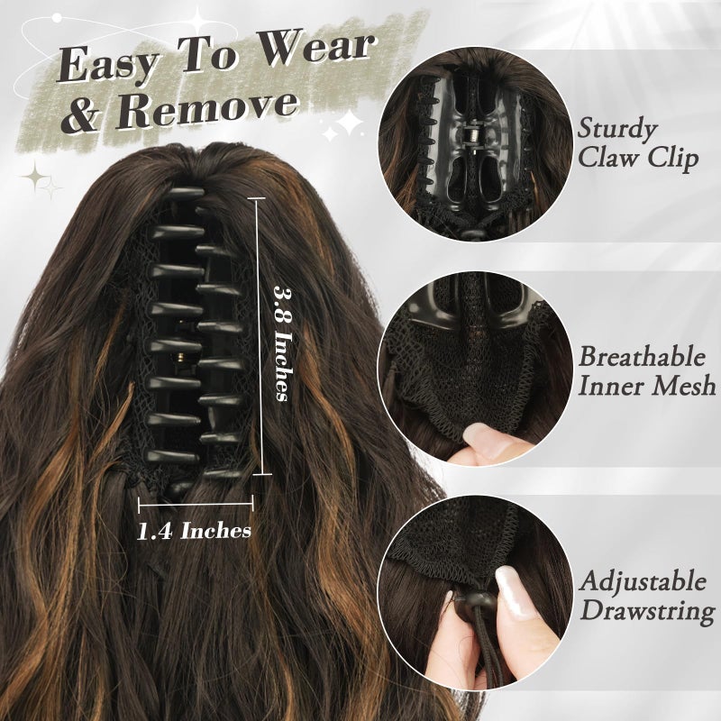 BARSDAR Highlight Ponytail Extension - 18 Inch Claw Clip Ponytail Extensions for Women - Curly Wavy Multi Layered Synthetic Clip in Pony Tail Hairpieces Daily - Dark Brown with Highlights - Image 5