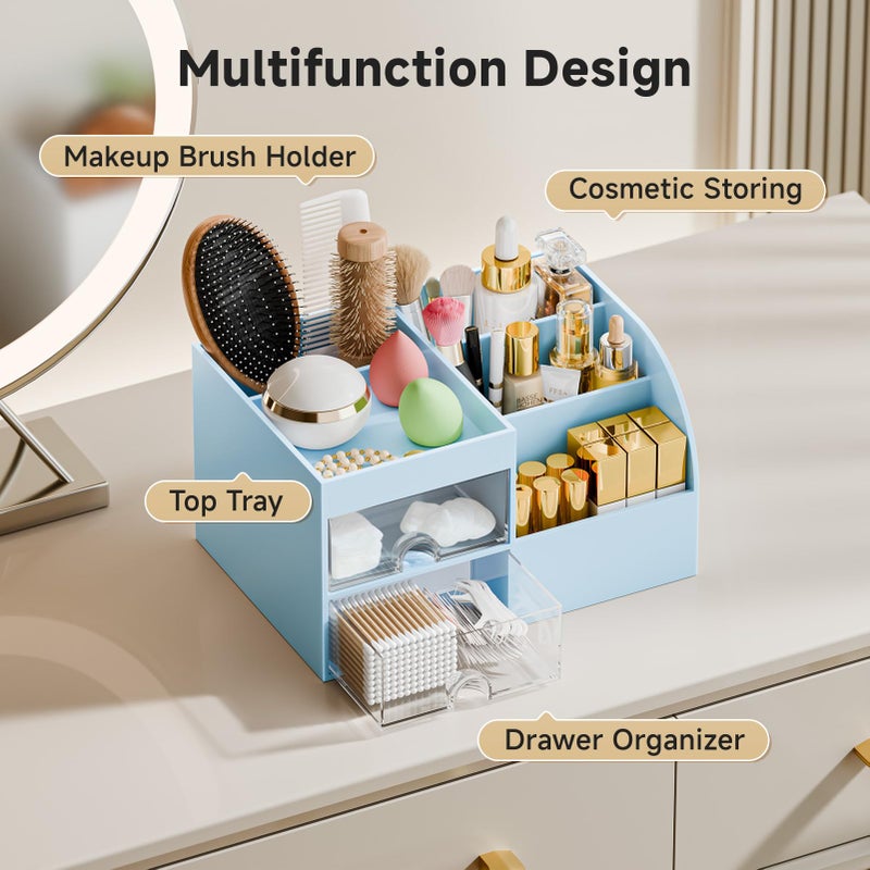 fanado Makeup Organizer with 2 Drawers, Makeup Organizers Countertop for Vanity and Bathroom, Make up organization and Skincare Storage with Brush Holder, for Dresser, Desktop, Cosmetic Display Case (Blue) - Image 4