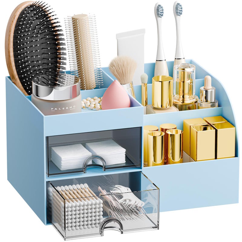 fanado Makeup Organizer with 2 Drawers, Makeup Organizers Countertop for Vanity and Bathroom, Make up organization and Skincare Storage with Brush Holder, for Dresser, Desktop, Cosmetic Display Case (Blue) - Image 1