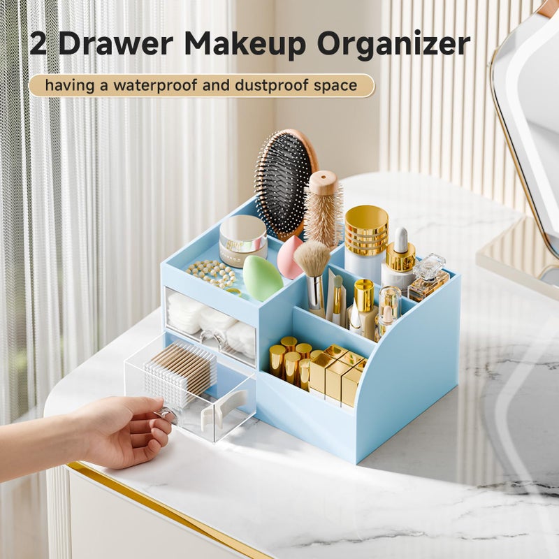 fanado Makeup Organizer with 2 Drawers, Makeup Organizers Countertop for Vanity and Bathroom, Make up organization and Skincare Storage with Brush Holder, for Dresser, Desktop, Cosmetic Display Case (Blue) - Image 5