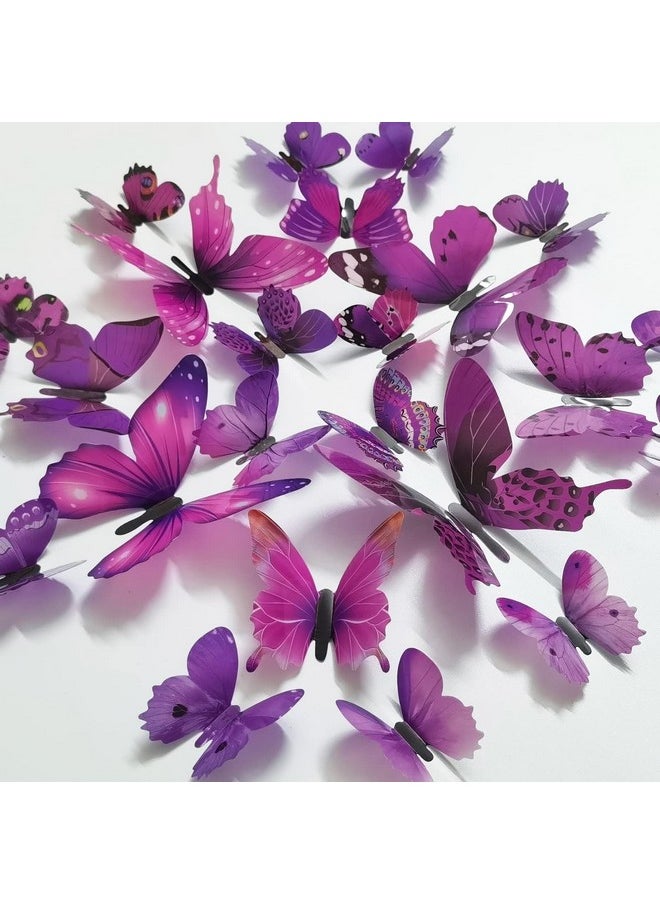 Ewong Butterfly Wall Decals 24Pcs Room Decor Wall Art 3D Butterflies Mural Sticker Home Decoration Kid Girl Bedroom Bathroom Nursery Classroom Office Party Removable Decorative (Purple)  - Image 1