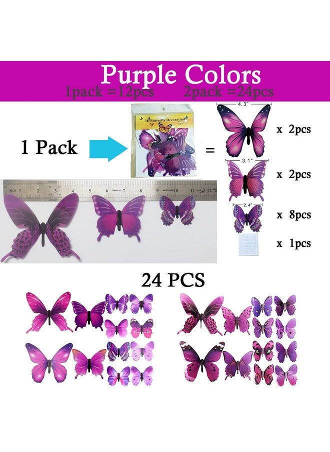 Ewong Butterfly Wall Decals 24Pcs Room Decor Wall Art 3D Butterflies Mural Sticker Home Decoration Kid Girl Bedroom Bathroom Nursery Classroom Office Party Removable Decorative (Purple)  - Image 5